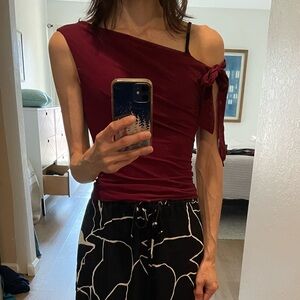 Burgundy Mesh One-Shoulder Top